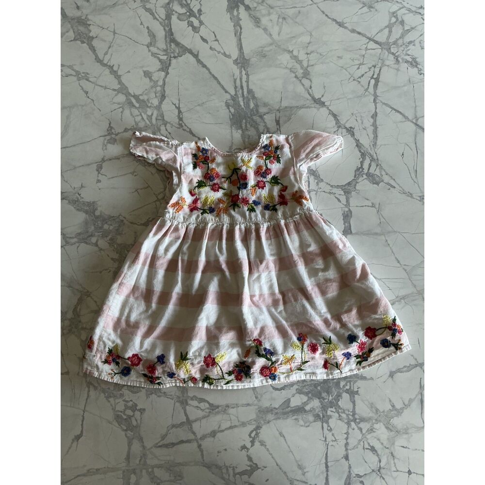 Zara Baby Girl Dress 2/3 Years Pink Stripe Floral Embroidered Button Back